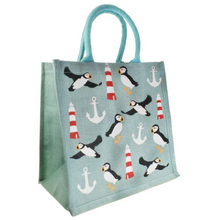 Load image into Gallery viewer, Jute shopping bag - Lighthouse and Puffins 30x30cm

