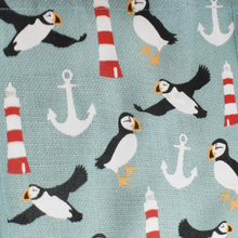 Load image into Gallery viewer, Jute shopping bag - Lighthouse and Puffins 30x30cm
